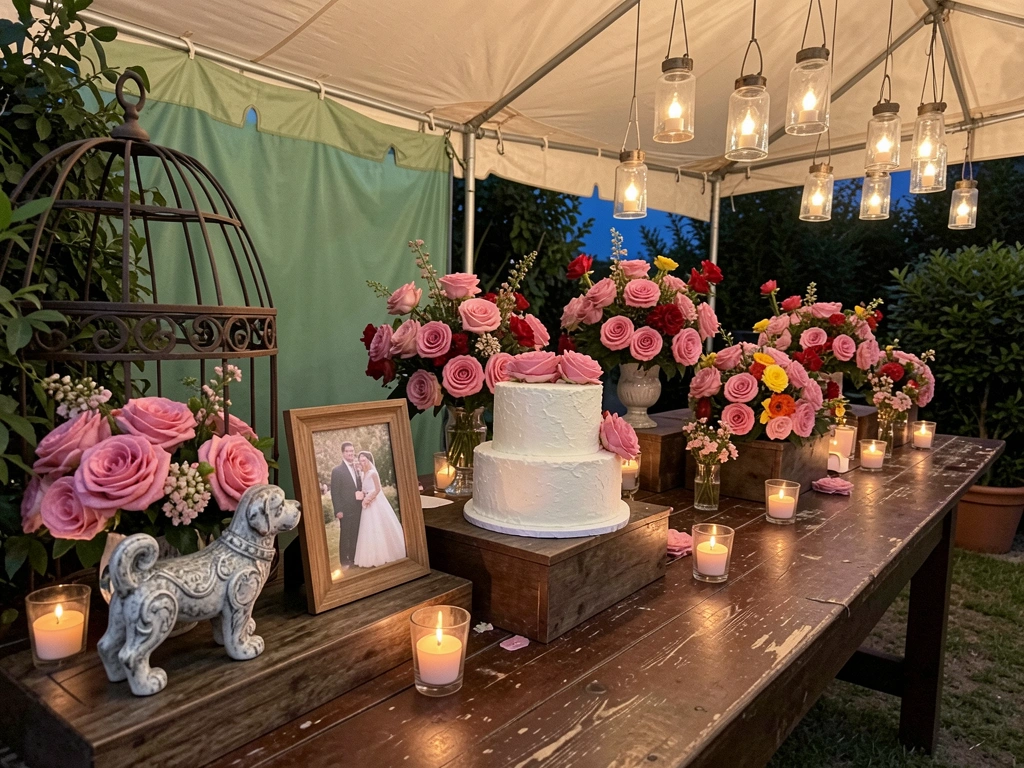 Mesa de casamento com porta-retrato, velas acesas e arranjo de flores delicadas