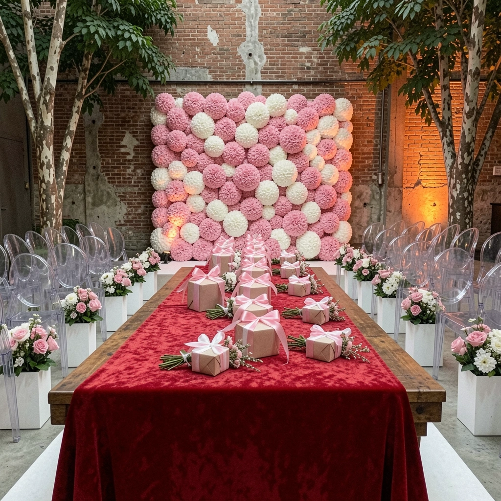 Lembrancinhas de casamento personalizadas dispostas sobre mesa de madeira rústica