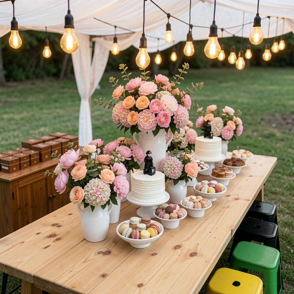Centro de mesa com flores altas e baixas em vasos variados