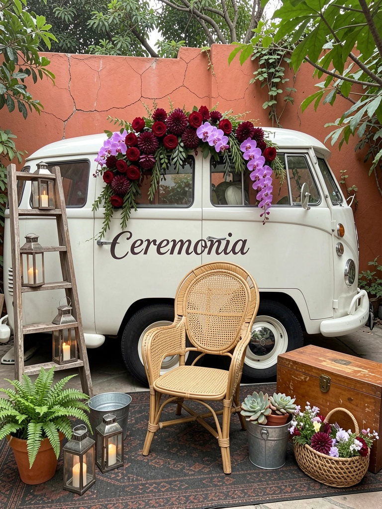 Planilha de orçamento de casamento com anotações manuscritas e miniaturas de decoração sobre a mesa