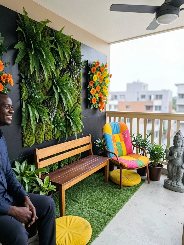 Sala com parede revestida de grama artificial e vasos de plantas ao redor
