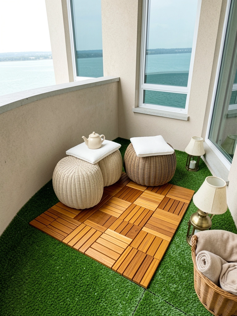 Varanda com piso de grama artificial em placas, vasos de plantas e móveis de madeira ao fundo