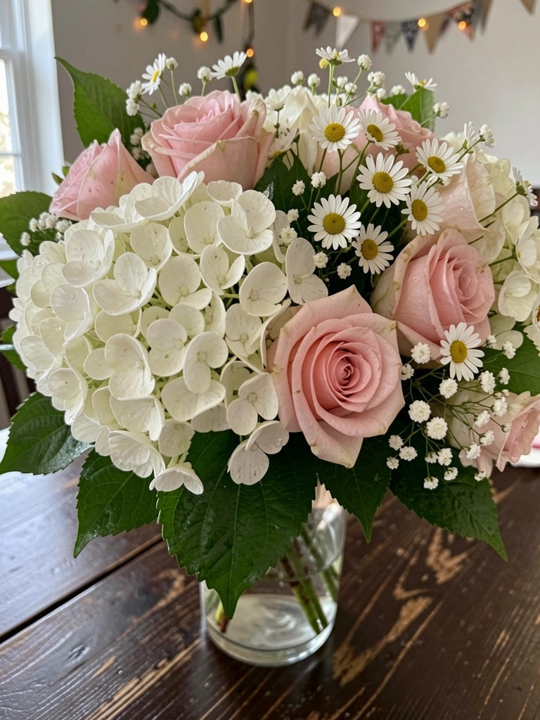 Vaso com hortênsias brancas e rosas pink sobre mesa de festa