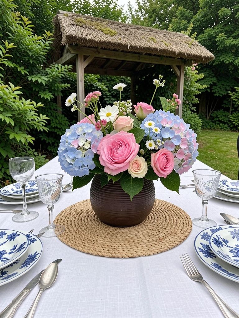 Vaso baixo de cerâmica com hortênsias e rosas sobre mesa de madeira