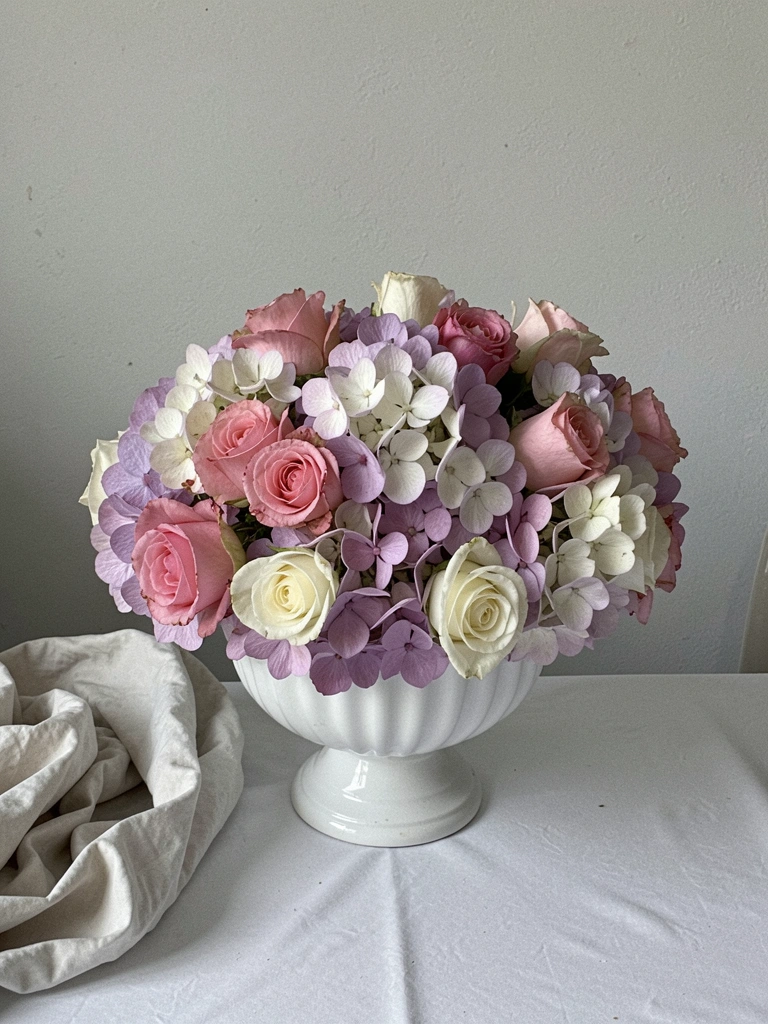 Mesa decorada com arranjo de hortênsias rosas, lilases e brancas