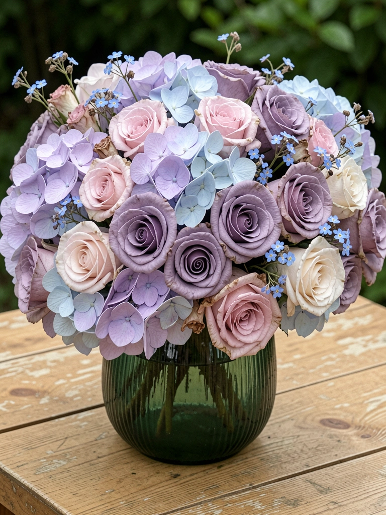 Arranjo de hortênsias e rosas em tons pastel sobre mesa clara