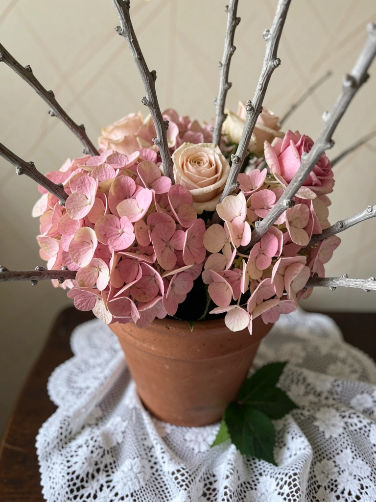 Vaso de barro com hortênsias e rosas sobre toalha de renda