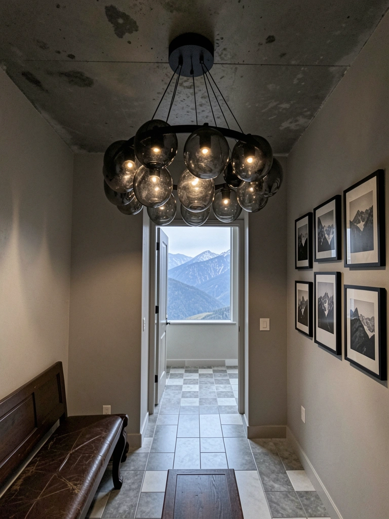 Lustre pendente com globos de vidro fumê sobre mesa de jantar em sala contemporânea