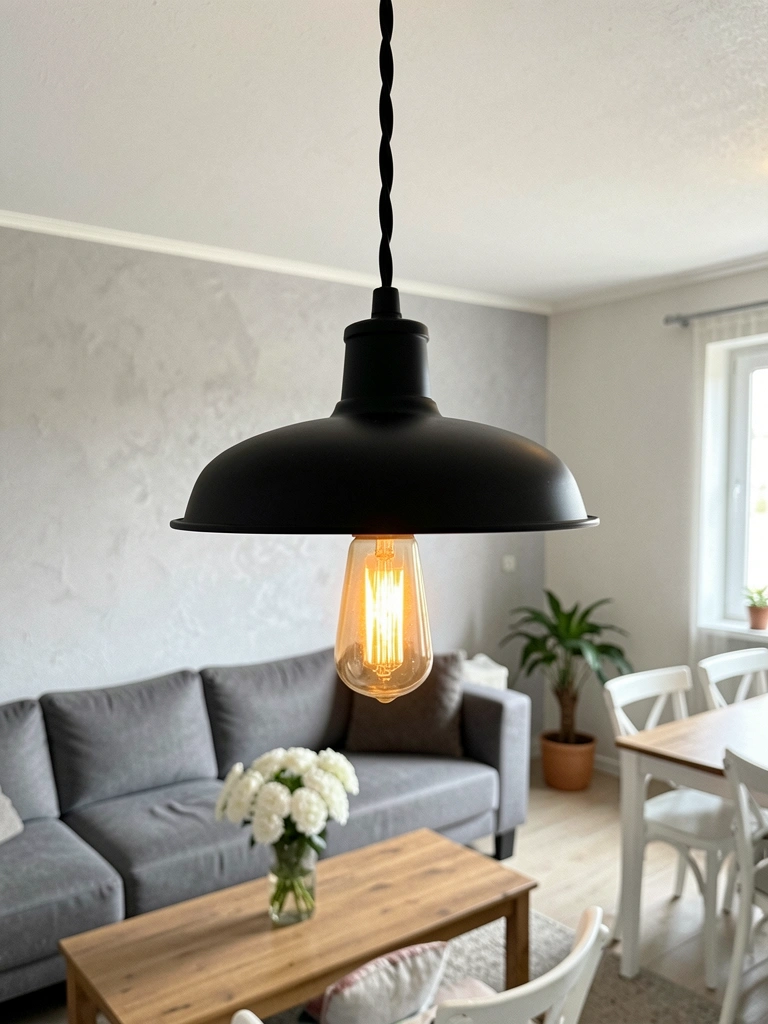 Pendente industrial preto com lâmpada Edison e fios aparentes