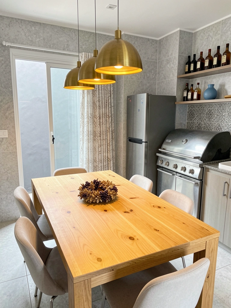 Lustre pendente dourado sobre mesa de jantar clara com cadeiras charmosas