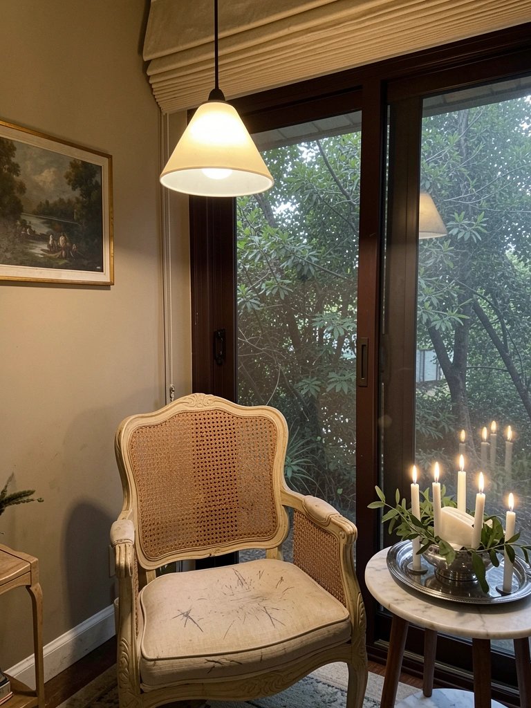 Pendente com luz quente sobre poltrona de leitura em sala acolhedora