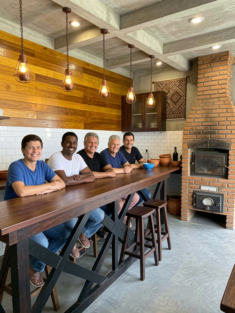 Cozinha rústica com fogão a lenha e utensílios de barro sobre a bancada