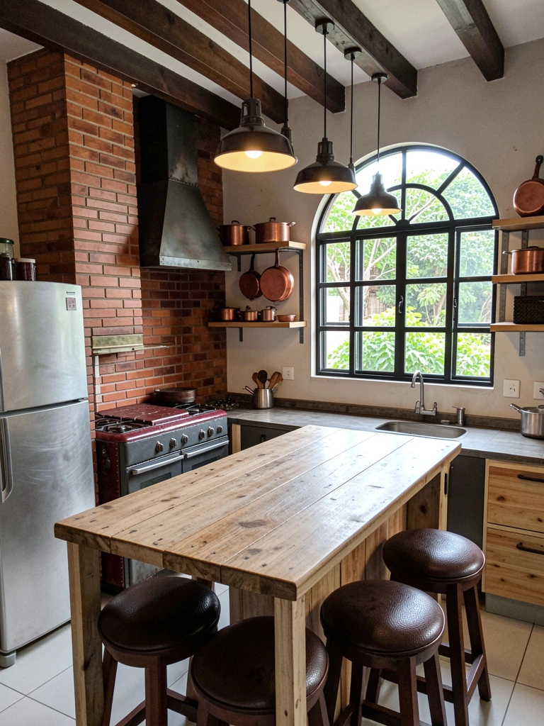 Prateleiras de madeira com utensílios e parede de tijolinho aparente em apartamento compacto