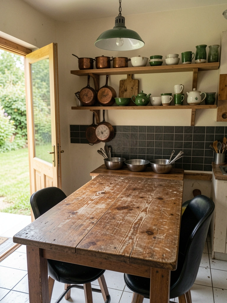 Prateleira de madeira com utensílios de cerâmica e copos em cozinha rústica