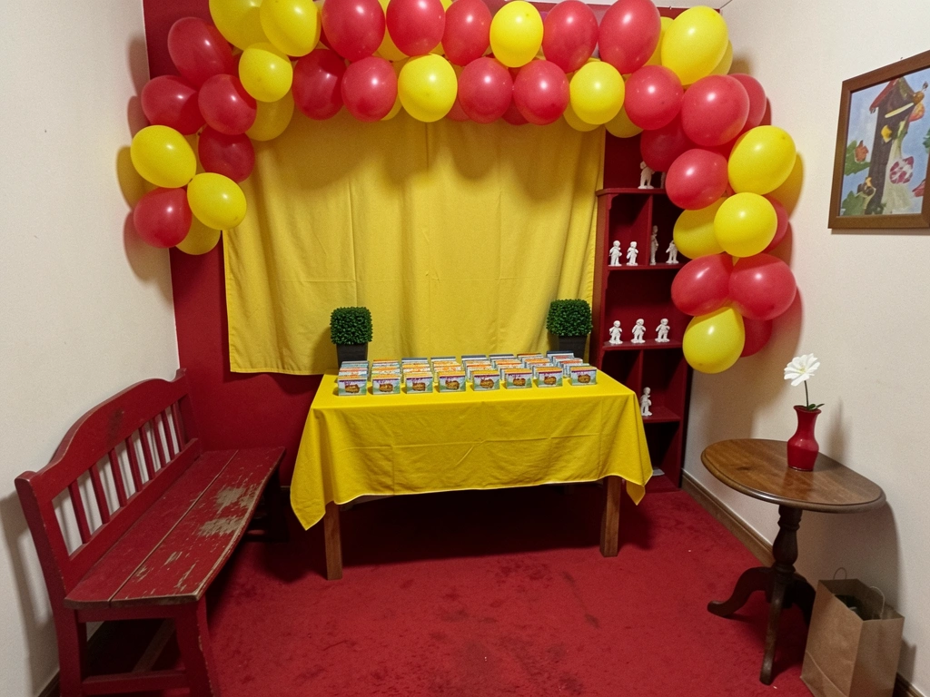 Decoração de festa infantil com elementos no chão obstruindo a passagem dos convidados
