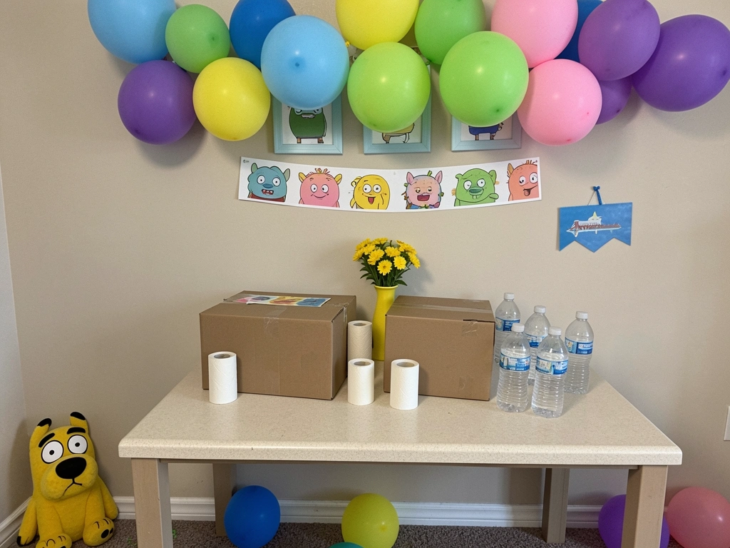 Mesa com caixas de papelão, rolos de papel higiênico e garrafas PET para artesanato