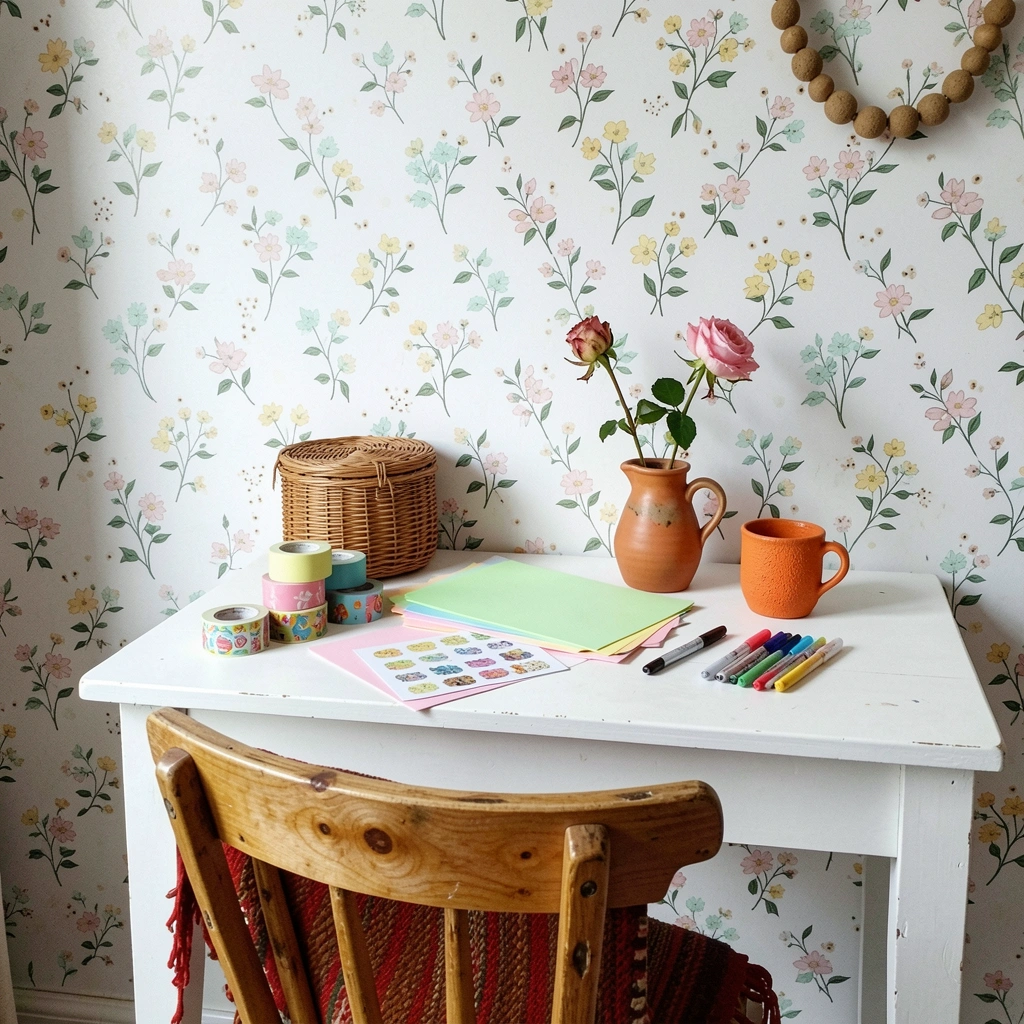 Materiais de papelaria sobre mesa: fita washi, EVA, adesivos e canetas coloridas
