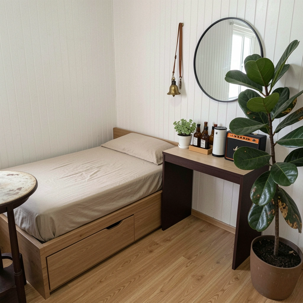 Quarto pequeno com cama baú de madeira e gavetão lateral, parede clara e luz natural suave