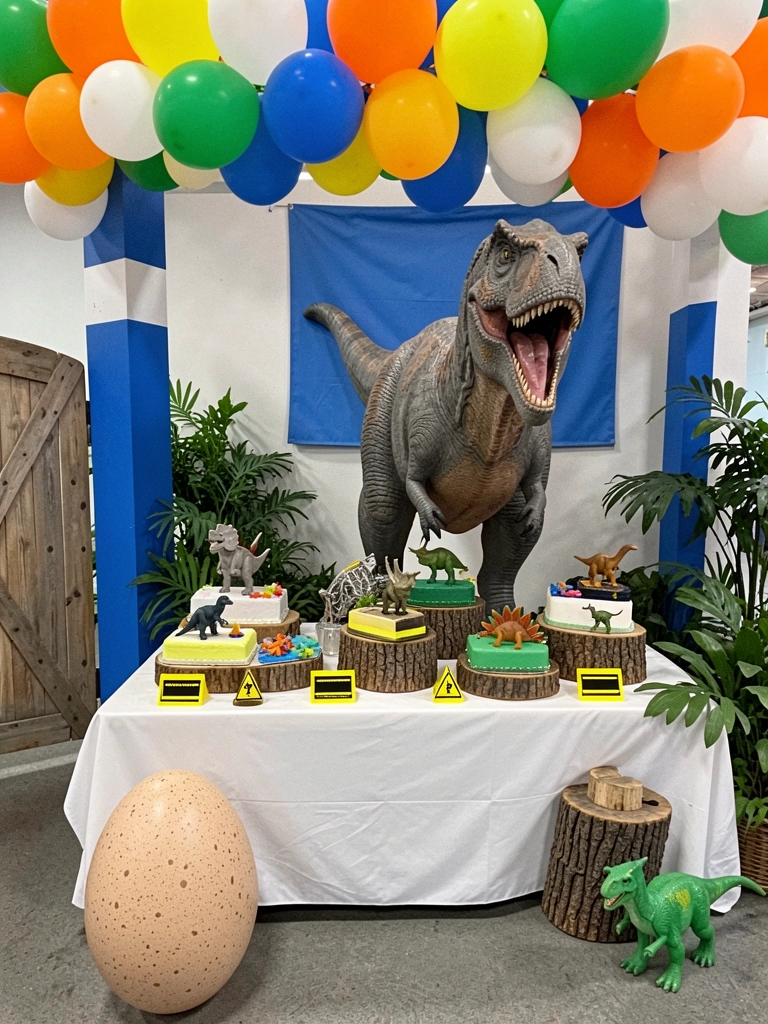 Mesa de festa com dinossauros de brinquedo, folhagens e portão de madeira ao fundo