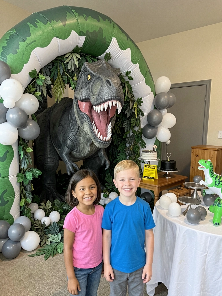 Portão inflável de dinossauro verde em festa infantil