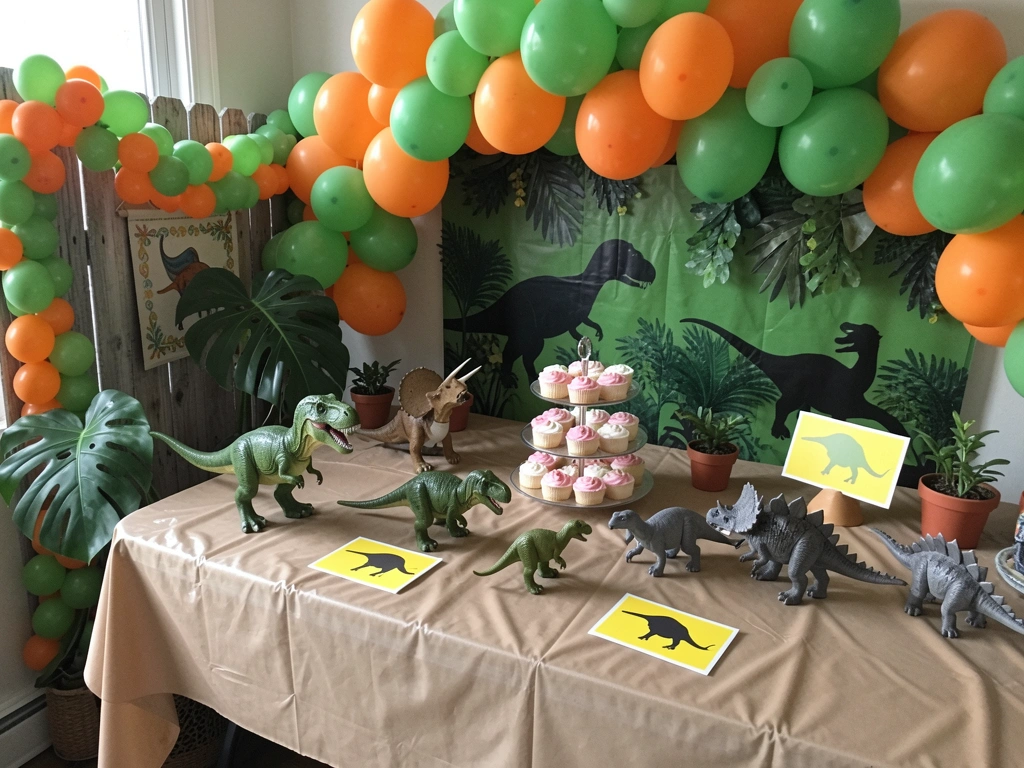 Painel verde com folhagens artificiais e silhuetas de dinossauros