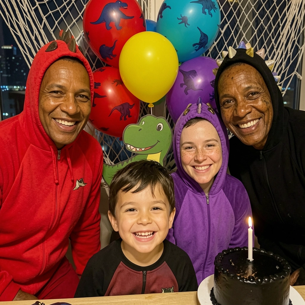 Menino de 4 anos sorrindo em festa com balões coloridos e tema de dinossauros ao fundo