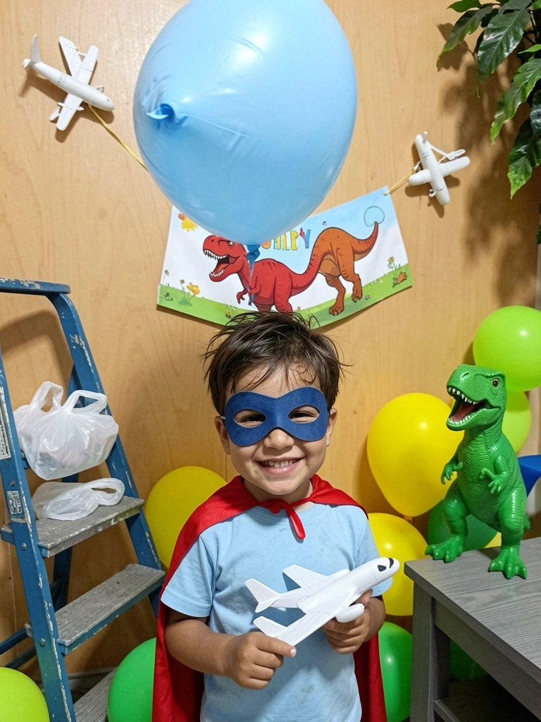 Criança fantasiada de super-herói segurando um brinquedo em mesa festiva decorada
