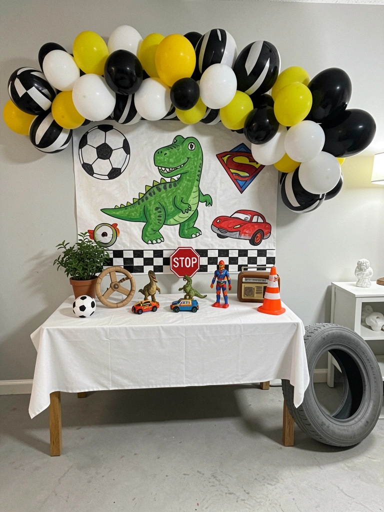 Mesa de festa infantil com itens de futebol, dinossauro, carro e super-herói
