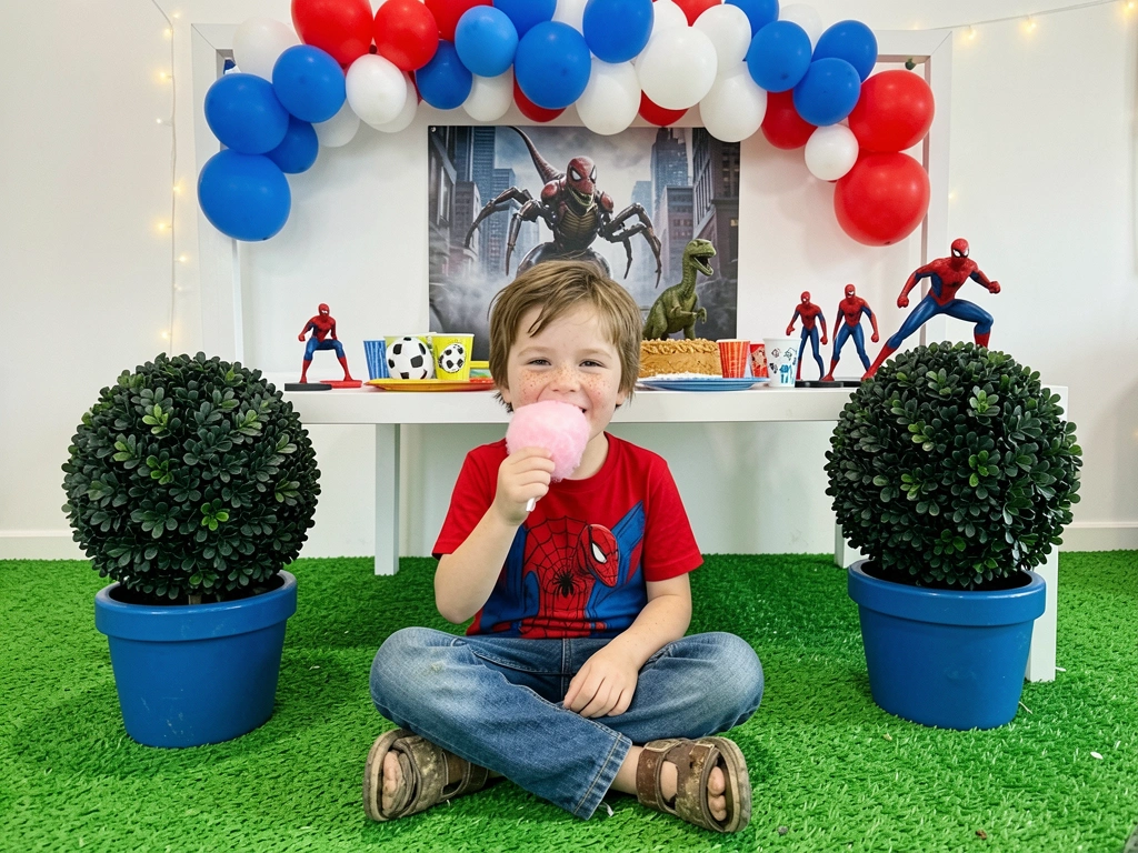 Mesa de festa infantil com bolo decorado com dinossauro e copos temáticos de futebol