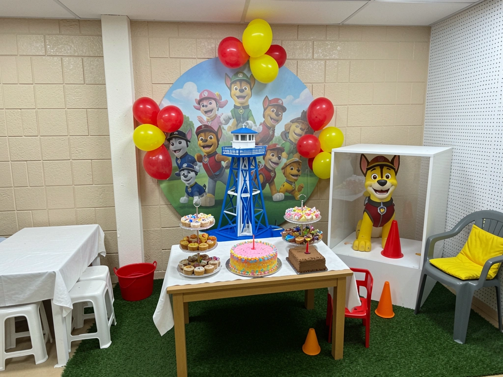 Mesa com painel redondo, balões, toalha e doces de festa infantil masculina