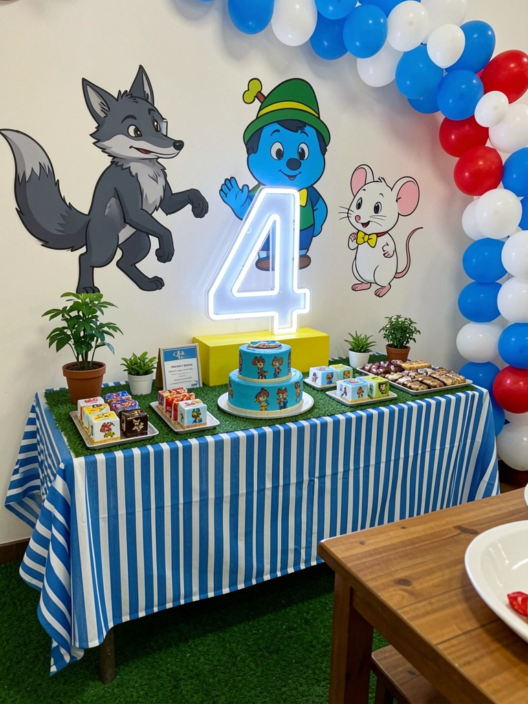 Mesa de festa com bolo decorado, doces variados e topper temático de menino