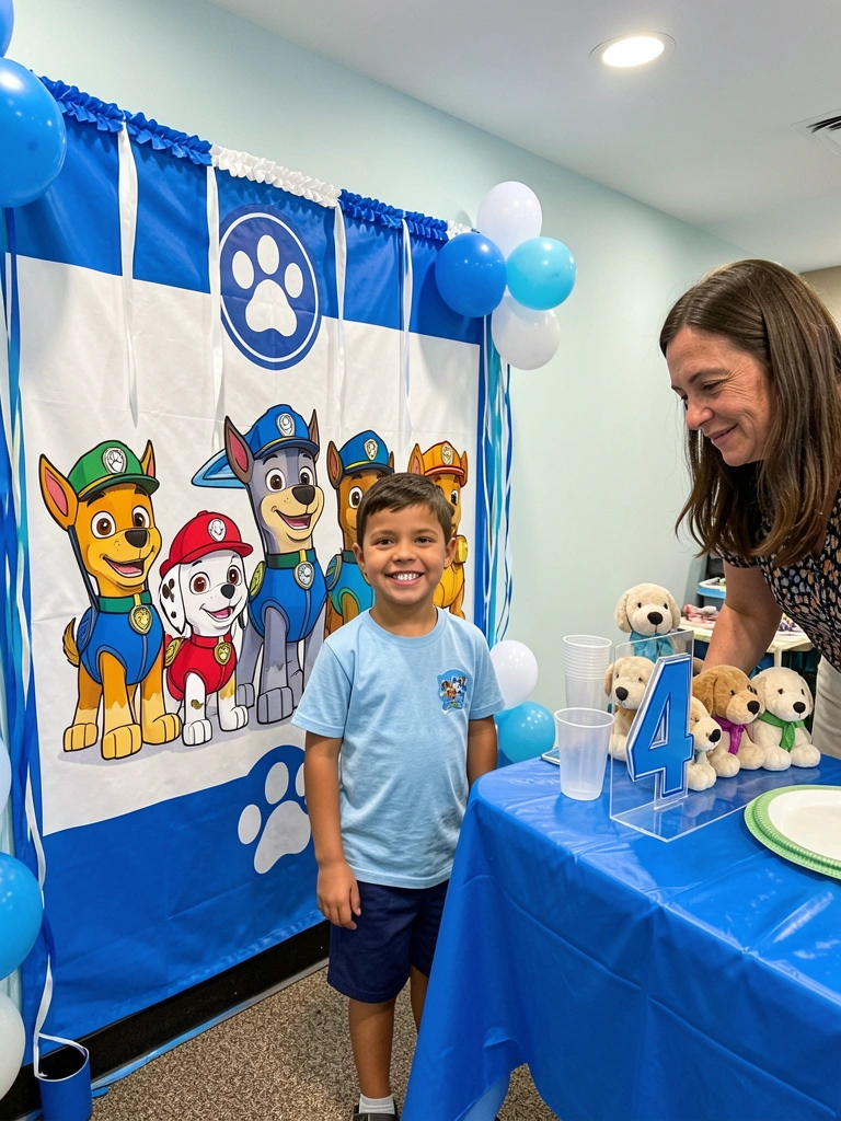 Mesa de festa infantil com enfeites de plástico coloridos e adultos ao fundo supervisionando as crianças