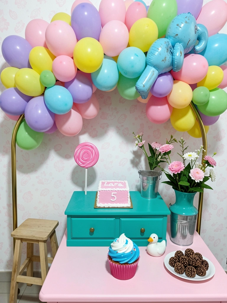 Mesa de doces com brigadeiros coloridos e balões ao fundo