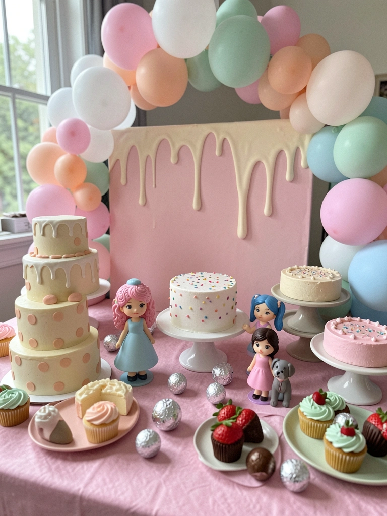 Mesa de doces em festa com tons pastel, arranjos florais e guloseimas variadas