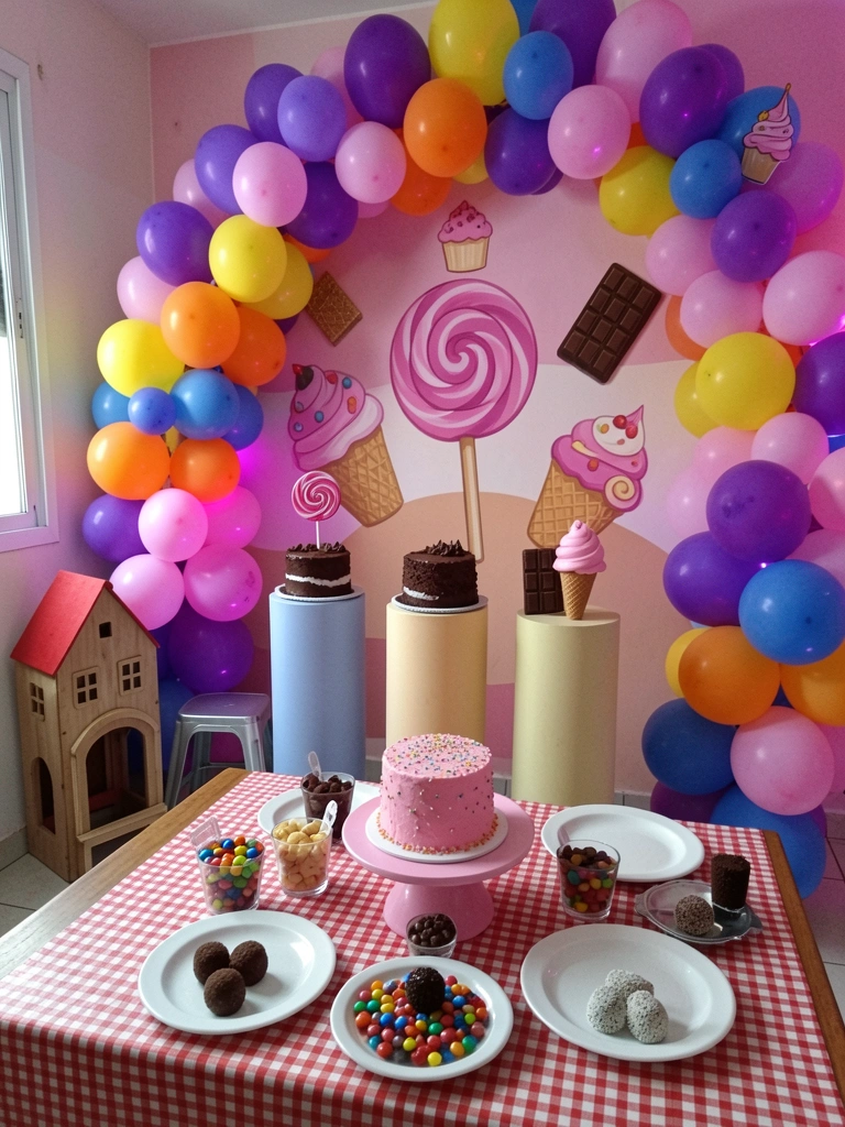 Pratos e potes com doces sobre toalha xadrez