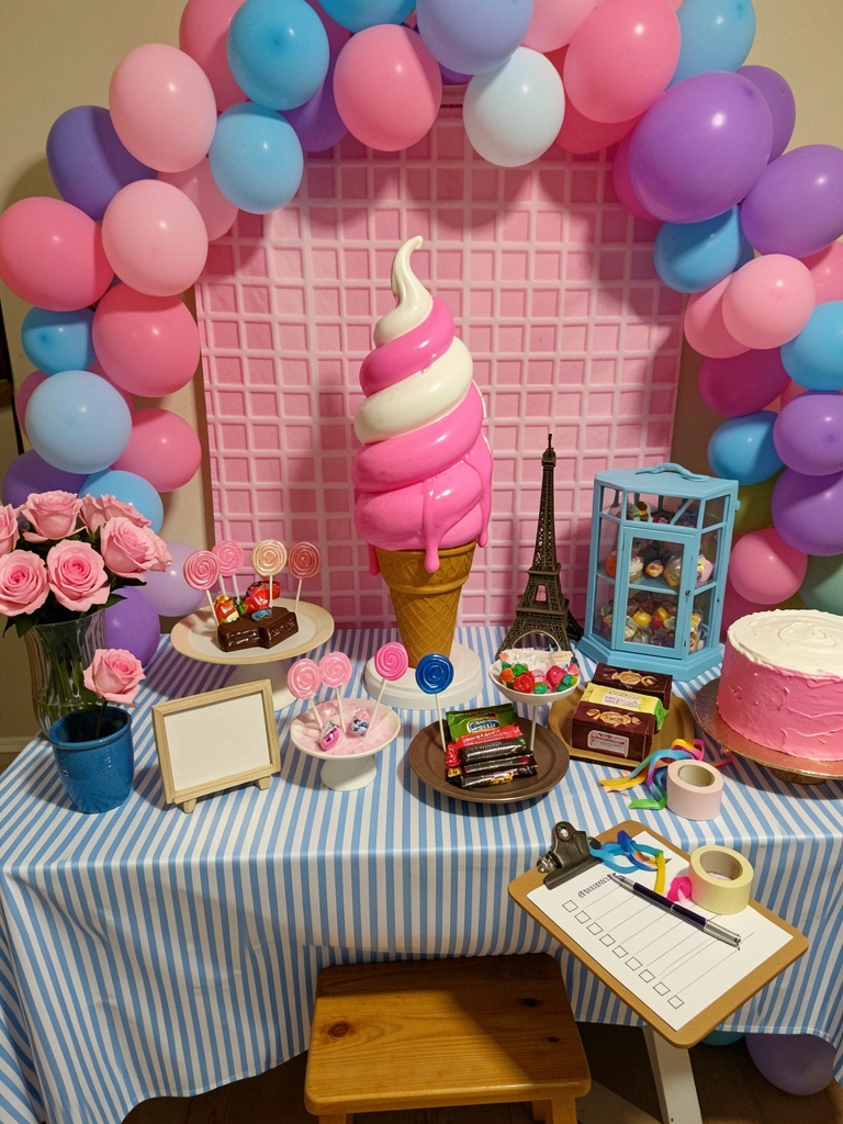 Lista de compras e materiais sobre uma mesa de festa com doces e guloseimas