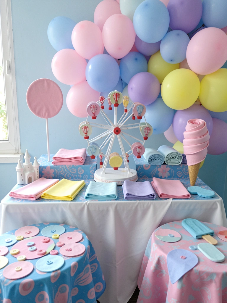 Amostras de tecidos em tons pastel e círculos de papel sobre superfície clara
