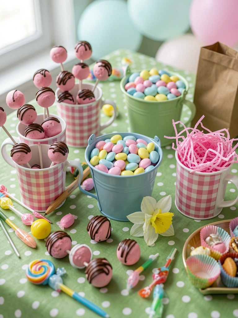 Bandejas com doces, forminhas coloridas e balões decorativos sobre mesa de festa