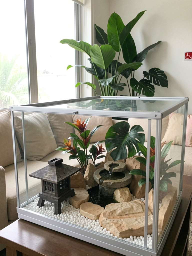 Sala com sofá confortável, plantas tropicais e luz natural entrando pela janela