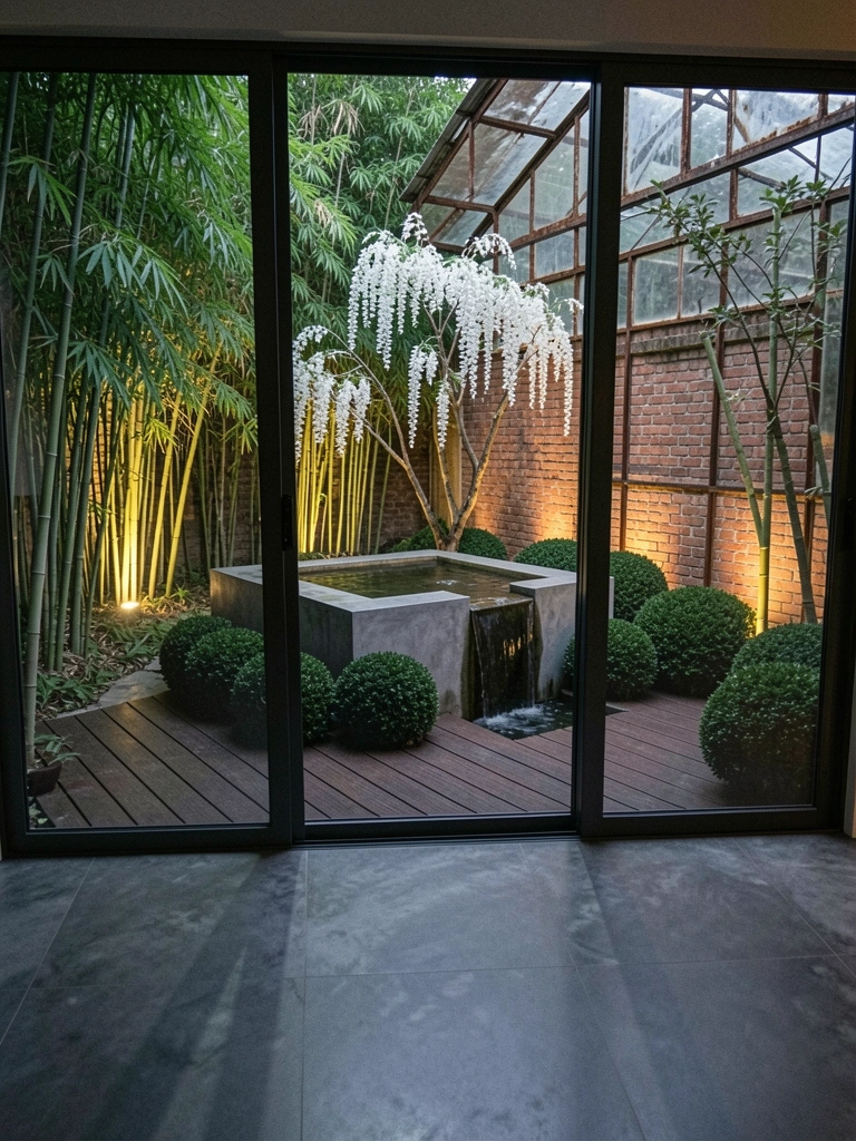 Estufa de vidro e ferro com plantas, ao fundo prédio residencial moderno