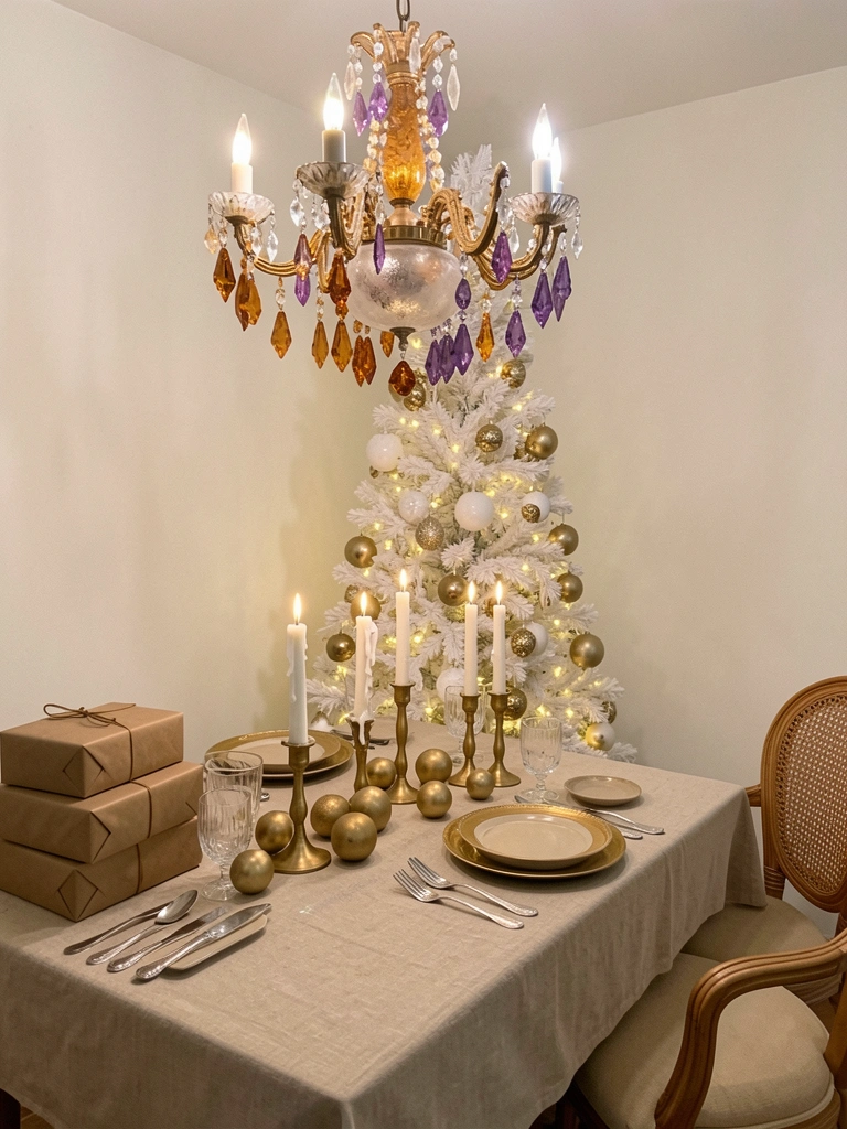 Sala de estar com árvore de Natal branca e dourada, luzes quentes acesas