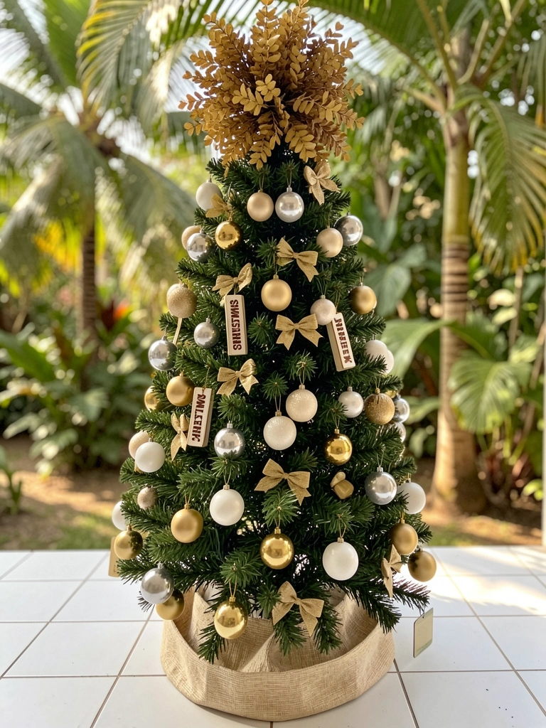 Sala de estar com árvore de Natal branca e dourada, palmeiras ao fundo e luz natural.