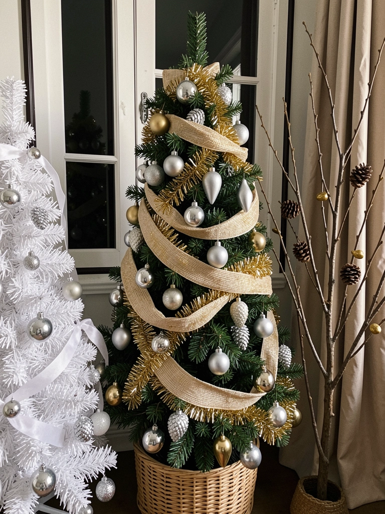 Três árvores de Natal decoradas: uma branca, uma verde com dourado e uma de galhos secos