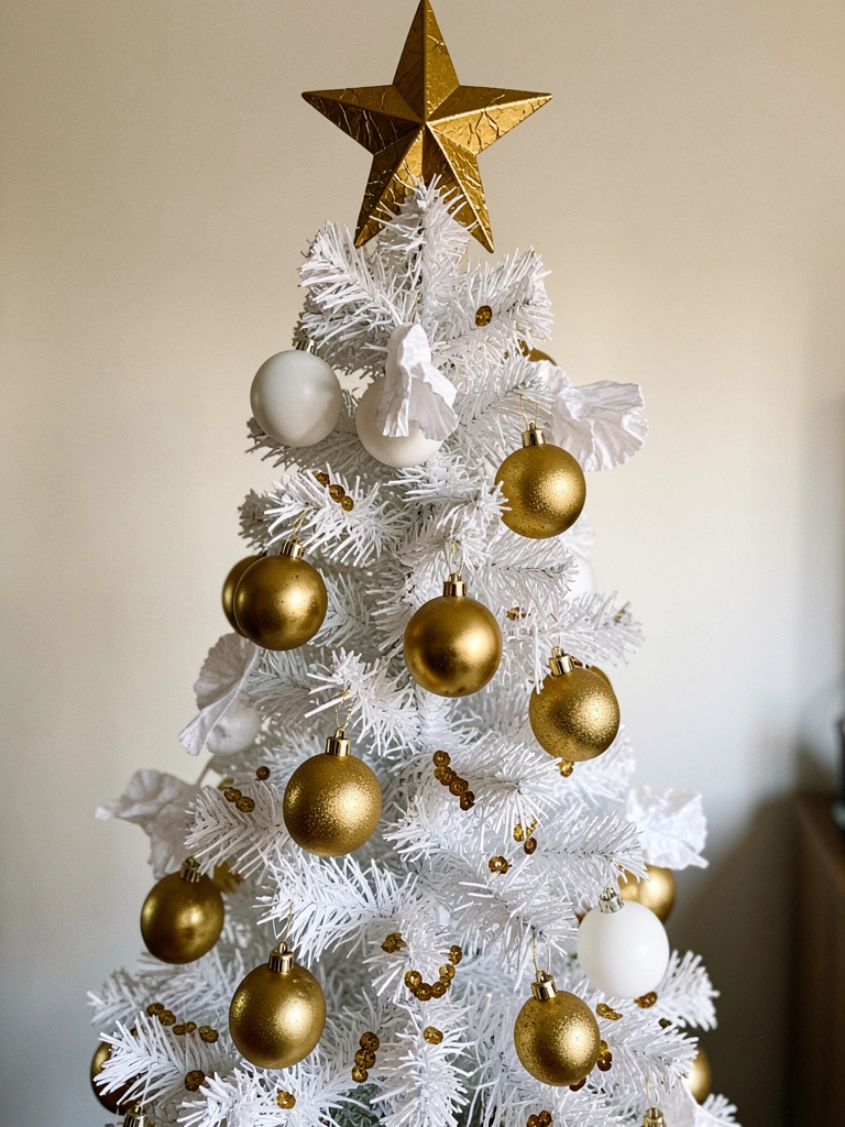 Árvore de Natal branca fina decorada com bolas douradas e estrela no topo