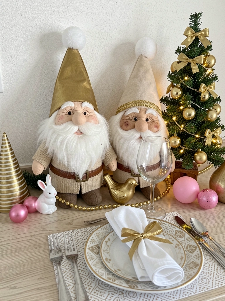 Árvore de Natal verde decorada com laços e bolas douradas, iluminada por luzes quentes