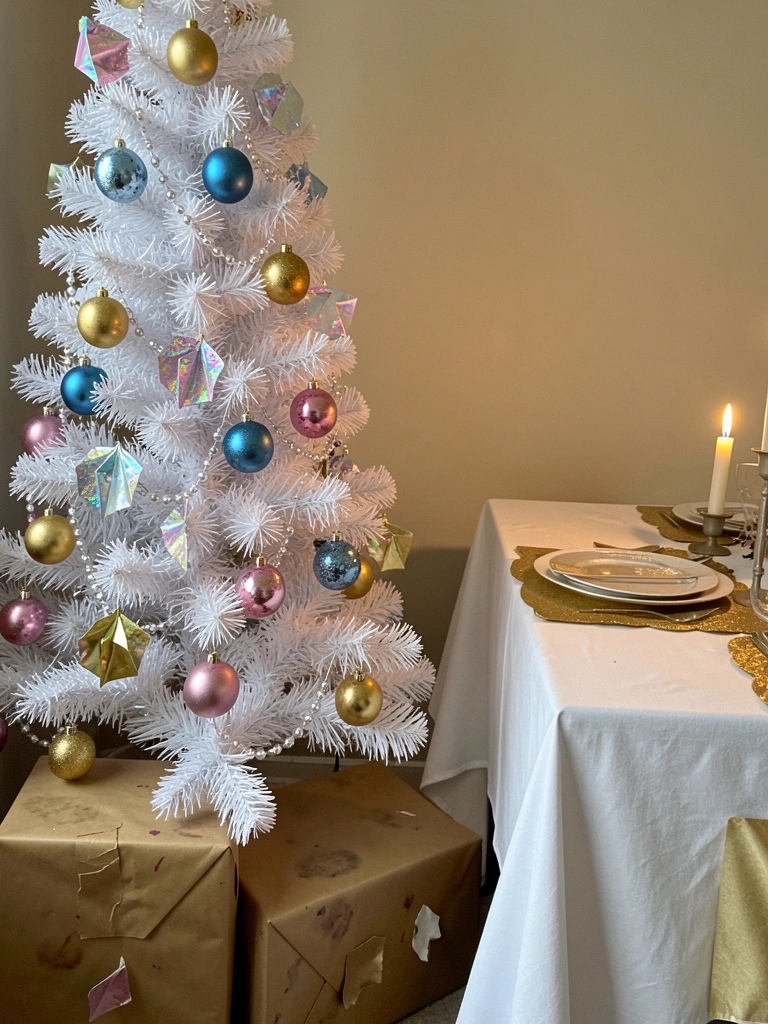 Mesa posta para ceia de Natal com toalha branca, sousplat dourado e velas acesas.