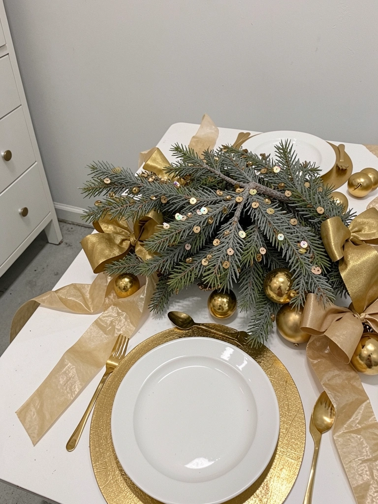 Mesa posta com louças brancas, sousplat metálicos e talheres dourados