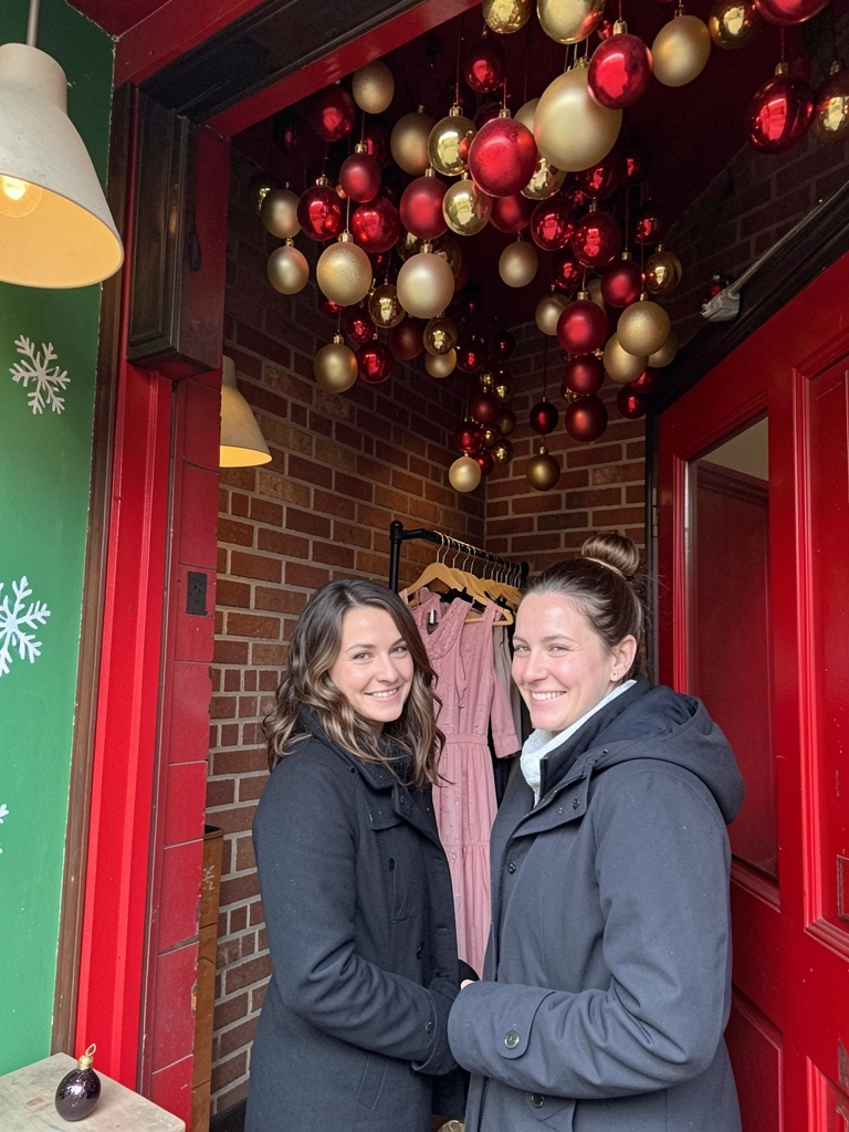 Vitrine de loja de roupas decorada para o Natal, com luzes quentes e manequins vestidos, vista por transeuntes na calçada.