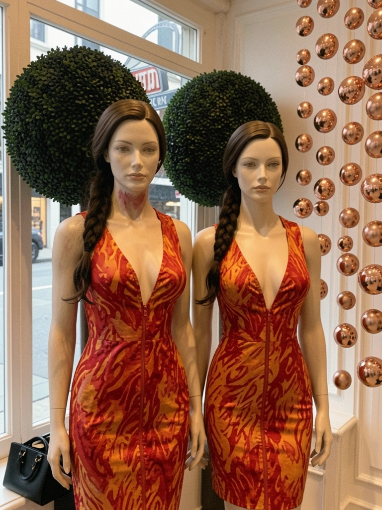 Detalhe de loja de roupas com decoração natalina, luz quente e enfeites pendurados