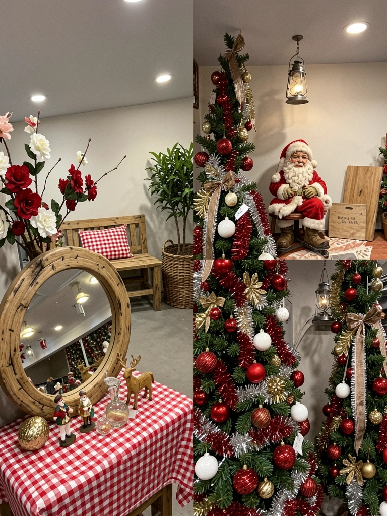 Quatro ambientes distintos com decorações de Natal em uma loja de roupas